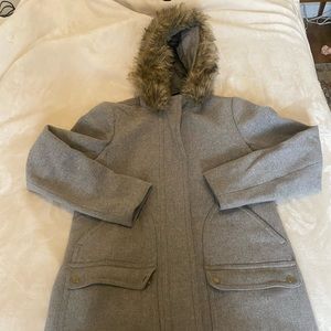 Grey j crew wool parka with fur hood